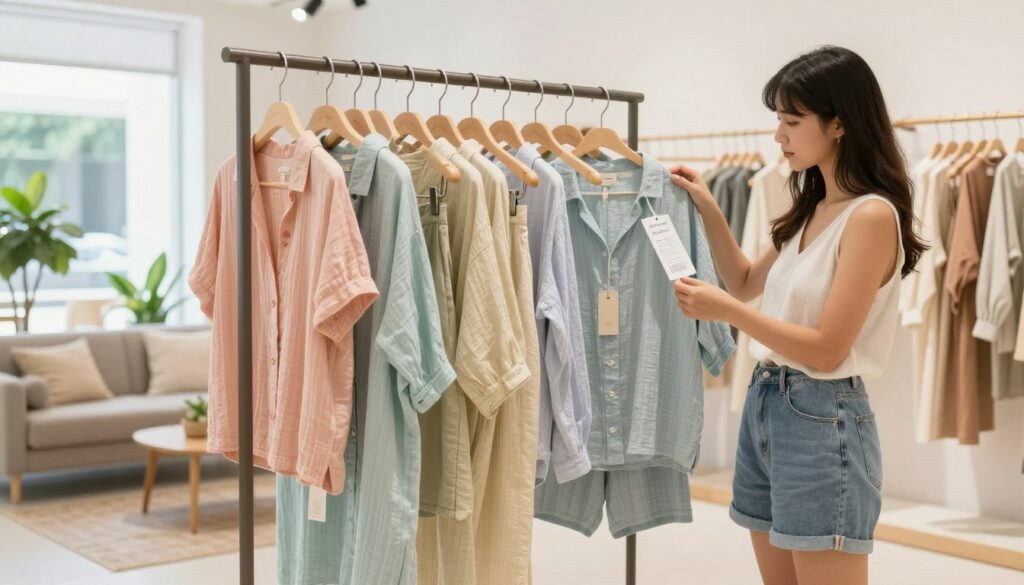 A serene shopping scene in a well-lit, modern boutique, showcasing a neatly arranged display of muslin shirts and shorts in pastel colors. In the foreground, a young woman dressed in a stylish yet casual outfit examines a clothing return label with a thoughtful expression. In the middle, hangers feature a variety of muslin outfits, artfully draped to highlight their summer appeal. The background reveals a cozy seating area with potted plants and soft natural light streaming through large windows, creating a relaxed atmosphere. The overall mood is calm and inviting, embodying ease and simplicity in the shopping experience, focusing on stress-free returns and customer satisfaction. The lighting is bright and uplifting, capturing a summer vibe.