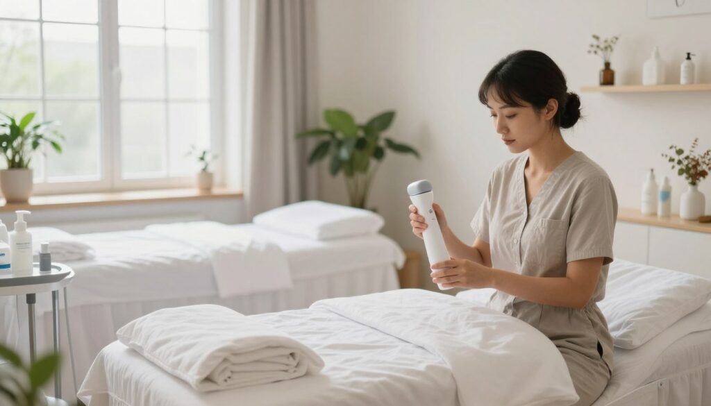 A serene skincare treatment room featuring a well-organized aesthetic space. In the foreground, a professional aesthetician wearing modest casual clothing prepares a hydrogen cleansing device, showcasing its sleek design. In the middle, a treatment bed is neatly arranged with soft, white linens, alongside various skincare products to be used post-treatment. Soft, natural lighting filters through large windows, creating a calming atmosphere. The background features potted plants and minimalistic decor, emphasizing tranquility and cleanliness. The overall mood is soothing and professional, ideal for depicting post-facial care instructions. The angle captures the aesthetician’s focused preparation, inviting the viewer into a space dedicated to skincare.