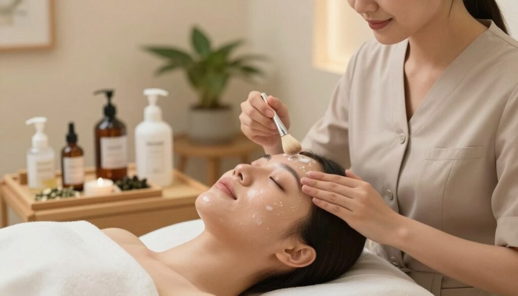 A serene skincare treatment scene depicting a woman with clear, glowing skin sitting comfortably in a spa environment. The foreground features her gentle, relaxed face as she undergoes a professional facial cleansing process using natural products. The middle layer showcases an aesthetician in professional business attire, carefully applying a soothing cleanser with soft brushes, surrounded by beautifully arranged skincare products like oils, masks, and herbs. In the background, soft, warm lighting enhances the calming atmosphere, with plants and calming artwork on the walls. The image radiates tranquility and self-care, emphasizing a non-irritating approach to skincare, perfect for demonstrating effective methods to reduce facial oil without dryness. A serene skincare treatment scene depicting a woman with clear, glowing skin sitting comfortably in a spa environment. The foreground features her gentle, relaxed face as she undergoes a professional facial cleansing process using natural products. The middle layer showcases an aesthetician in professional business attire, carefully applying a soothing cleanser with soft brushes, surrounded by beautifully arranged skincare products like oils, masks, and herbs. In the background, soft, warm lighting enhances the calming atmosphere, with plants and calming artwork on the walls. The image radiates tranquility and self-care, emphasizing a non-irritating approach to skincare, perfect for demonstrating effective methods to reduce facial oil without dryness.