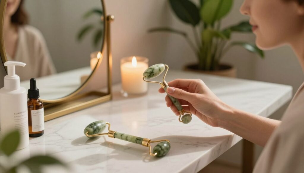A serene, softly lit beauty spa setting featuring a close-up view of a marble table adorned with a jade roller and quartz facial roller, accompanied by natural skincare products. In the foreground, a hand gently holds a jade roller against a glowing, refreshed face of a woman in modest casual clothing, showcasing visible effects such as tighter skin and a more radiant complexion. The middle ground presents an elegant mirror reflecting soothing candlelight, while the background is softly blurred, displaying lush indoor plants and minimalist decor, enhancing the tranquil atmosphere. The warm, inviting lighting casts delicate shadows, creating a sense of calm and rejuvenation, highlighting the positive results of facial roller usage.