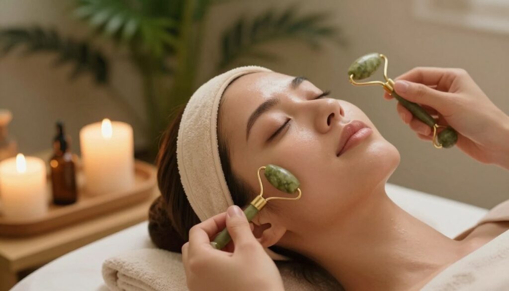 A serene spa setting featuring a close-up of a young woman with a relaxed expression, demonstrating the facial rolling technique. She has glowing skin and is wearing a modest, light-colored facial wrap. In the foreground, a jade roller rests gently on her cheek, showcasing the proper hand positioning for rolling. The middle layer includes a softly lit vanity with candles and essential oils, creating a calming atmosphere. In the background, a blurred view of lush green plants adds a touch of nature. The lighting is warm and inviting, casting gentle shadows, while the angle is slightly above, highlighting the technique being illustrated. The overall mood is tranquil and focused on self-care, emphasizing the beauty and relaxation of proper facial massage techniques.