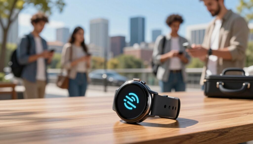 A sleek, modern smartwatch featuring an illuminated NFC symbol displayed prominently on its face. In the foreground, the watch rests on a polished wooden surface, casting soft shadows. The middle ground showcases a blurry view of a bustling city, hinting at everyday life and connectivity, with people of diverse backgrounds using NFC technology in various scenarios—an individual tapping their watch to access public transport, another checking in at a café, and a briefcase nearby suggesting business efficiency. The background features a vibrant skyline under a clear blue sky, enhancing the innovative atmosphere. The scene is well-lit, with sunlight filtering through trees, creating a bright and optimistic mood, captured at a 45-degree angle to emphasize both the watch and its practical applications in daily life.