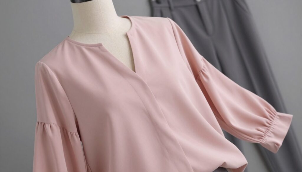A soft, elegant pastel pink (pudrowy róż) blouse gracefully draped on a mannequin, set against a sophisticated gray backdrop that highlights the blouse's delicate hue. The blouse features subtle ruffles along the sleeves and a gentle v-neck, exuding a sense of refinement and class. Soft, diffused lighting gently illuminates the fabric, creating a serene atmosphere that emphasizes the richness of the pastel shade. In the background, blurred gray trousers hang artistically, hinting at a chic outfit pairing. The scene is captured from a slightly elevated angle using a 50mm lens, giving a clean, modern aesthetic that suggests a fashion editorial vibe. The overall mood is fresh, minimalist, and effortlessly stylish, perfect for showcasing a harmonious blend with gray tones.