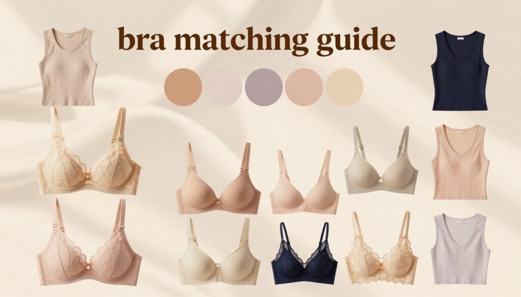 A sophisticated and stylish infographic illustrating a "bra matching guide" for various types of sleeveless tops and blouses. The foreground features a neatly arranged selection of bras in diverse colors and styles—from seamless to lacy—carefully placed alongside corresponding images of sleeveless tops that pair well with each. In the middle, a color palette of soft pastels and elegant neutrals enhances the aesthetic. The background is a subtle, soft-focus fabric pattern, adding texture without distraction. The lighting is warm and inviting, with soft shadows to create depth. The mood exudes professionalism and fashion-forward thinking, perfect for a modern wardrobe. The angle is slightly overhead, capturing both the bras and tops in an organized, visually appealing layout.