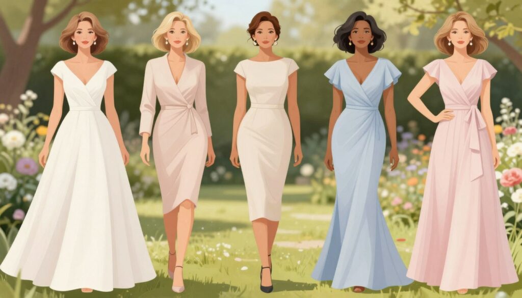 A sophisticated fashion illustration showcasing various elegant dress silhouettes suitable for a 50-year-old woman attending a wedding. In the foreground, display three distinct dress styles: a flowing A-line gown, a tailored sheath dress, and a charming wrap dress, modeled by women of diverse ethnicities. Each dress should flatter their figures, emphasizing elegance and comfort. The middle ground should feature soft pastel colors and delicate fabric textures, while a softly blurred outdoor garden setting serves as the background, filled with lush greenery and blooming flowers. Natural soft lighting filters through trees, creating a warm and inviting atmosphere. The overall mood should exude grace, confidence, and a celebration of beauty at any age, with a focus on timeless fashion choices. A sophisticated fashion illustration showcasing various elegant dress silhouettes suitable for a 50-year-old woman attending a wedding. In the foreground, display three distinct dress styles: a flowing A-line gown, a tailored sheath dress, and a charming wrap dress, modeled by women of diverse ethnicities. Each dress should flatter their figures, emphasizing elegance and comfort. The middle ground should feature soft pastel colors and delicate fabric textures, while a softly blurred outdoor garden setting serves as the background, filled with lush greenery and blooming flowers. Natural soft lighting filters through trees, creating a warm and inviting atmosphere. The overall mood should exude grace, confidence, and a celebration of beauty at any age, with a focus on timeless fashion choices.