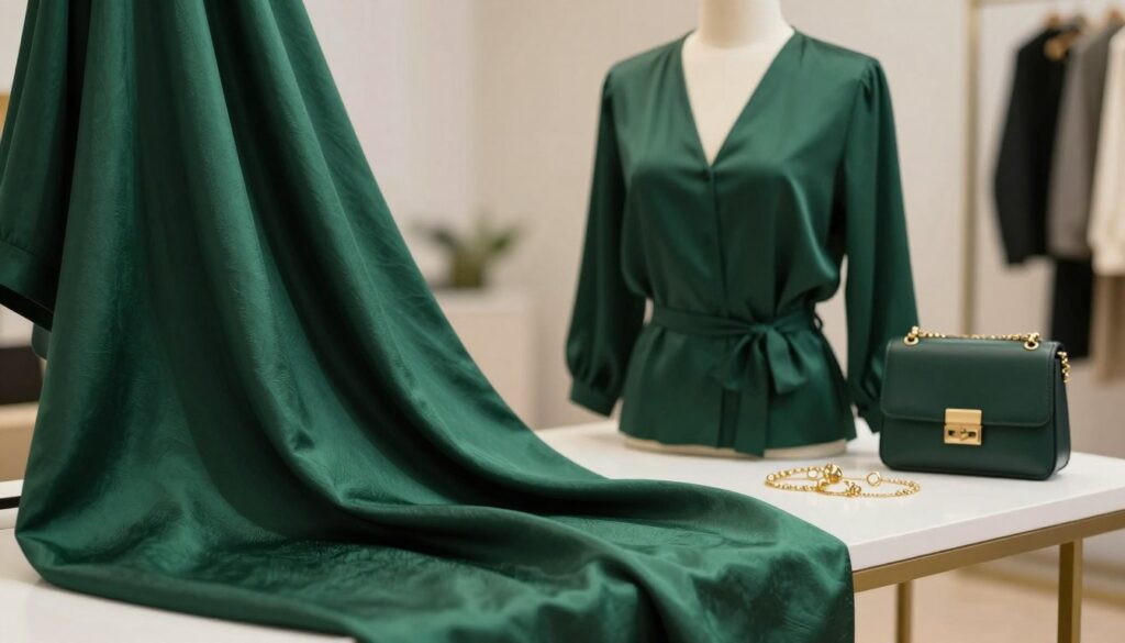 A sophisticated scene featuring a deep bottle green fabric draped elegantly over a stylish blouse styled on a mannequin or clothing rack. In the foreground, the fabric showcases its rich texture and color, catching subtle light reflections. The middle ground includes a simple, tastefully arranged table with fashion accessories, like delicate jewelry and a stylish handbag that complements the color scheme. Soft, diffused lighting bathes the scene, creating an inviting, luxurious atmosphere. In the background, a blurred, minimalistic interior evokes a sense of elegance, hinting at a fashion studio or upscale boutique. The overall composition should convey depth and sophistication, ideal for showcasing the beauty and versatility of bottle green in fashion.