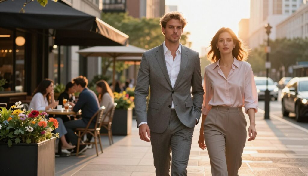 A sophisticated street scene depicting a man and a woman dressed in elegant business attire, suitable for both daytime and evening styles. The man, a light-haired individual, wears a stylish gray suit paired with a crisp white shirt, while the woman complements him in an elegant pastel blouse and tailored trousers. In the foreground, they stand on a sunlit city sidewalk, exuding confidence and charm. The middle ground captures a vibrant café with patrons enjoying their day, surrounded by lush greenery and colorful flowers. The background features a soft-focus urban skyline at sunset, casting warm golden hues with dramatic lighting that highlights the colors in the clothing. The overall mood is warm and inviting, reflecting a perfect balance of professionalism and casual elegance.