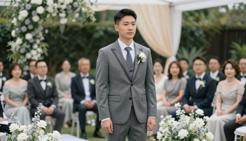 A sophisticated wedding scene featuring a groom in a tailored gray suit with subtle graphite accents, standing confidently in a beautifully decorated outdoor venue. The foreground shows elegant floral arrangements with white and light gray blooms. In the middle ground, guests dressed in formal attire enjoy the setting, while the backdrop showcases lush greenery and soft draped fabric, creating an inviting atmosphere. Soft, diffused natural lighting enhances the overall mood, while a shallow depth of field adds a touch of elegance and focus on the groom. The image captures a serene yet stylish ambiance for a wedding, embodying the theme of gray and graphite as a modern alternative to traditional navy.