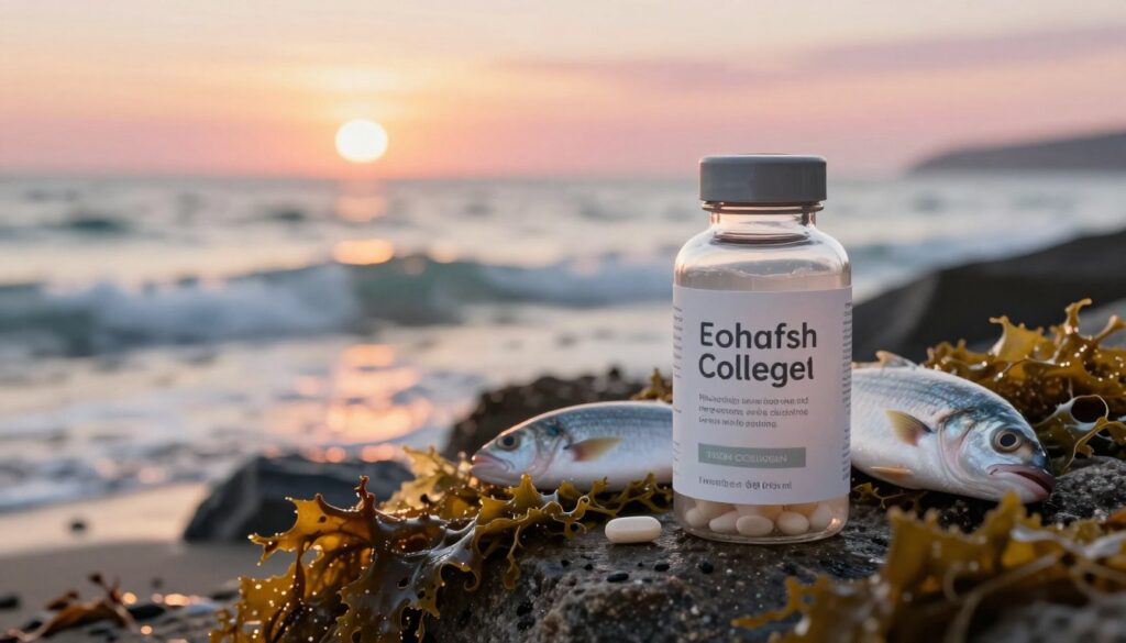 A striking image depicting fish collagen in a natural setting, showcasing its marine origin. In the foreground, a close-up of a bottle of fish collagen supplements, elegantly designed with a translucent label highlighting the product’s key benefits. Surrounding the bottle, fresh fish and seaweed create an organic atmosphere. In the middle ground, a soft-focus view of a tranquil ocean waves gently crashing against a rocky shore, symbolizing the marine environment. The background features a serene sunset, casting warm golden and pink hues across the sky, enhancing the overall tranquil mood. The scene is illuminated with soft, natural lighting to convey purity and health. The composition conveys a sense of wellness and natural beauty, ideal for a health-focused piece.