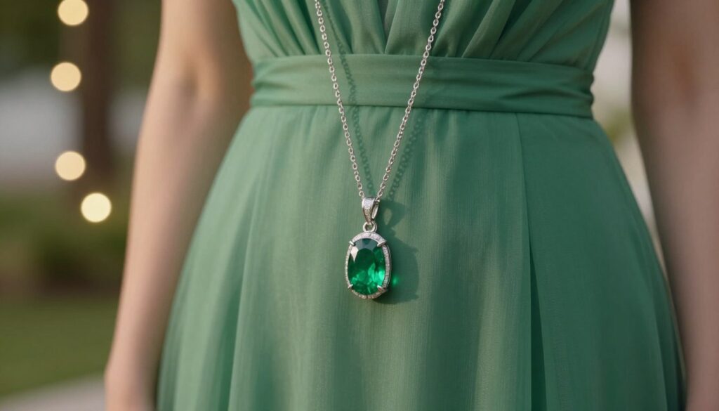 A stunning necklace designed for a wedding outfit, focusing on elegance and sophistication. The necklace features a delicate silver chain, with an eye-catching emerald pendant, showcasing the rich green color that beautifully complements various shades of green dresses. The foreground highlights the intricate details of the pendant, reflecting light and casting subtle shadows. The middle ground includes soft-focus elements of a stylish green dress draped elegantly in the background, hinting at its fabric texture. The background is softly blurred, suggesting an outdoor wedding setting with gentle fairy lights illuminating the scene. The overall mood is romantic and refined, with warm, inviting lighting that enhances the necklace's brilliance.