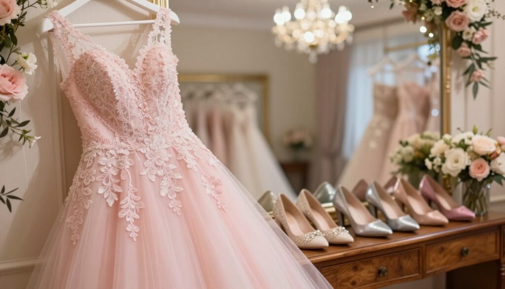 A stunning pink wedding dress elegantly hanging on a mannequin in a softly lit room, surrounded by delicate floral arrangements. In the foreground, the dress showcases intricate lace and beading, reflecting an air of sophistication. In the middle background, neatly arranged shoes in beige, silver, and contrasting colors sit on a polished wooden surface, hinting at stylish pairings for the dress. The background is softly blurred, featuring elements of a beautifully decorated wedding venue, such as draped fabrics and twinkling lights, creating an inviting atmosphere. The overall mood is romantic and chic, with warm lighting enhancing the soft pastel tones of the scene. The composition is framed with a slight upward angle to emphasize the elegance of the dress and shoes, inviting viewers to envision perfect wedding style choices.