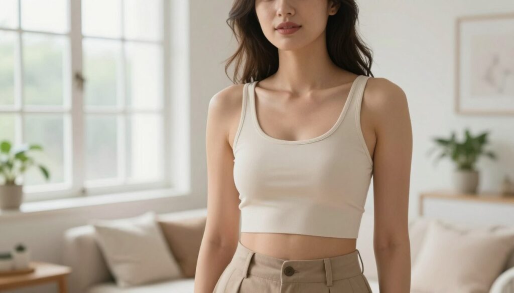 A stylish and confident woman in a stylish, casual top that elegantly showcases various necklines. She stands in a bright, airy room with soft natural light streaming through large windows. The foreground features a close-up of her serene face, with her hair softly tousled, radiating confidence. In the middle ground, her outfit is complemented by chic high-waisted trousers, emphasizing comfort and ease. The background is softly blurred, hinting at a cozy, minimalist decor with plants and soft fabrics, creating a relaxing atmosphere. The overall mood is empowering and confident, reflecting the theme of self-assurance while wearing tops without a bra, embodying both style and comfort.