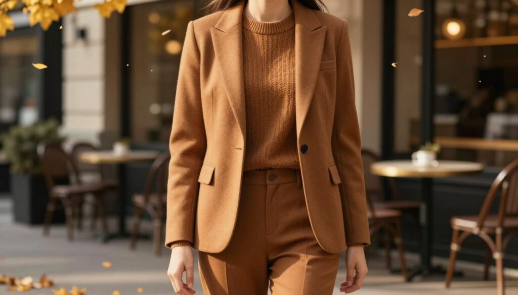 A stylish and elegant autumn-themed scene featuring a model dressed in a rich caramel-colored outfit, suitable for various occasions. In the foreground, the model stands confidently, showcasing a well-fitted caramel blazer layered over a cozy knit sweater, paired with tailored trousers. The middle background reveals a softly blurred outdoor café setting with warm golden leaves gently falling, creating a serene atmosphere. Natural sunlight casts a warm glow, highlighting the texture of the caramel fabric. The camera angle is slightly above eye level, emphasizing the outfit's details while allowing the background to subtly complement the scene. This harmonious blend exudes sophistication, perfect for a stylish day out.