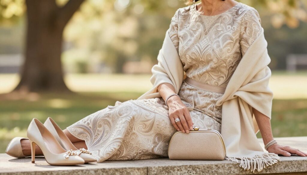 A stylish and elegant outfit for a 50-year-old woman attending a wedding, featuring a beautifully designed dress with intricate patterns. The scene showcases tasteful accessories including sophisticated heels, delicate jewelry such as earrings and a bracelet, a chic clutch bag, and a stylish outer wrap or shawl, all arranged artistically. The foreground highlights these accessories, while the background features a soft, blurred outdoor setting with gentle sunlight filtering through trees, creating a warm and inviting atmosphere. The image should convey sophistication and grace, with a focus on the details of the accessories that complement the sophisticated dress. Natural lighting enhances the elegance of the scene, captured from a slightly elevated angle to emphasize the entire ensemble. A stylish and elegant outfit for a 50-year-old woman attending a wedding, featuring a beautifully designed dress with intricate patterns. The scene showcases tasteful accessories including sophisticated heels, delicate jewelry such as earrings and a bracelet, a chic clutch bag, and a stylish outer wrap or shawl, all arranged artistically. The foreground highlights these accessories, while the background features a soft, blurred outdoor setting with gentle sunlight filtering through trees, creating a warm and inviting atmosphere. The image should convey sophistication and grace, with a focus on the details of the accessories that complement the sophisticated dress. Natural lighting enhances the elegance of the scene, captured from a slightly elevated angle to emphasize the entire ensemble.