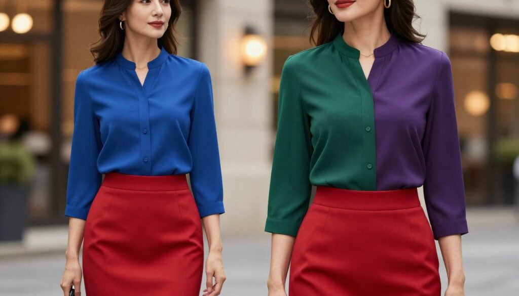 A stylish and elegant scene featuring a vibrant red skirt paired with bold and sophisticated blouse colors, like royal blue, emerald green, and deep purple. In the foreground, showcase a well-dressed female model confidently posing, wearing a professional blouse with clean lines and modern tailoring. The background should include a soft-focus of a chic urban setting, with blurred city lights creating a warm, inviting evening atmosphere. Utilize a gentle, diffused lighting to highlight the textures and colors of the clothing, ensuring clarity and depth. Capture from a slightly elevated angle to emphasize the outfit, conveying a sense of maturity and fashion-forward style. The mood is confident and stylish, perfect for adult women looking to make a fashion statement. A stylish and elegant scene featuring a vibrant red skirt paired with bold and sophisticated blouse colors, like royal blue, emerald green, and deep purple. In the foreground, showcase a well-dressed female model confidently posing, wearing a professional blouse with clean lines and modern tailoring. The background should include a soft-focus of a chic urban setting, with blurred city lights creating a warm, inviting evening atmosphere. Utilize a gentle, diffused lighting to highlight the textures and colors of the clothing, ensuring clarity and depth. Capture from a slightly elevated angle to emphasize the outfit, conveying a sense of maturity and fashion-forward style. The mood is confident and stylish, perfect for adult women looking to make a fashion statement.