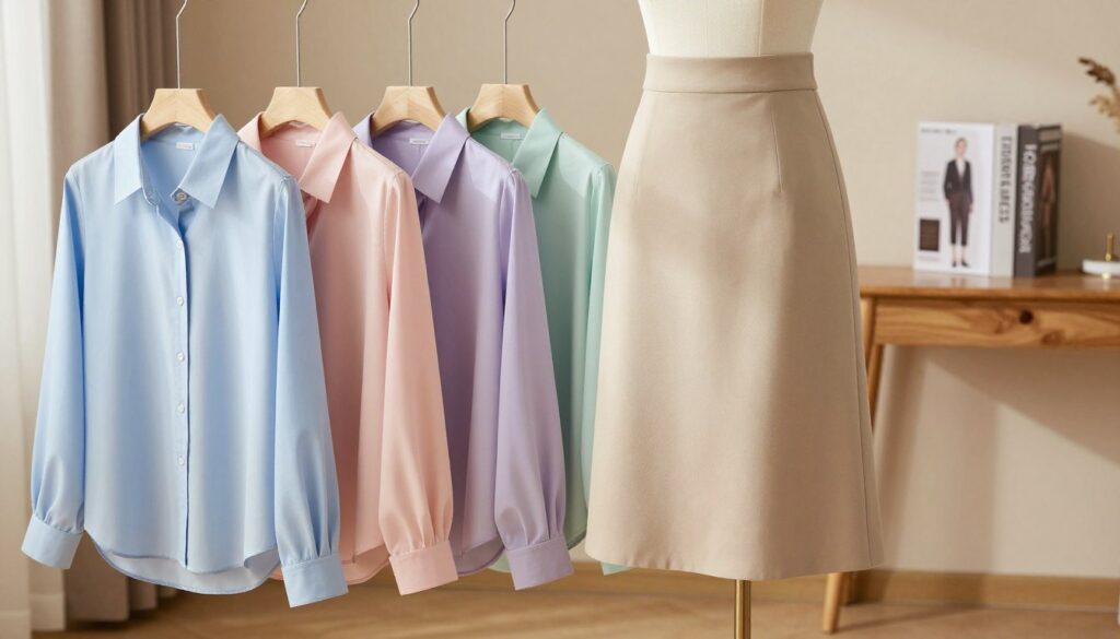 A stylish and elegant scene showcasing a variety of shirt colors that perfectly complement a beige skirt. In the foreground, display four different blouses in soft pastel shades like light blue, blush pink, lavender, and mint green, each hanging on delicate hangers. The middle ground features a well-tailored beige skirt draped elegantly on a mannequin, accentuated by a soft spotlight highlighting its texture. In the background, a tastefully decorated room with warm, natural lighting creates a cozy, inviting atmosphere, complete with a simple wooden table and a few stylish fashion books. Focus on a balanced composition that emphasizes the color harmony, evoking a sense of sophistication and timeless style. The image should capture a mood of effortless elegance and practicality in fashion choices.
