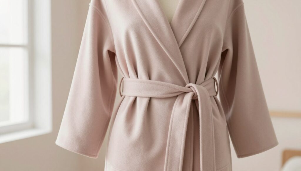 A stylish bathrobe coat, showcasing a sleek and modern design, draped elegantly on a mannequin. The coat features a belted waist, flowing sleeves, and a soft, luxurious fabric that hints at comfort while maintaining a chic aesthetic. The foreground emphasizes the textures of the fabric with gentle folds and subtle shadows created by soft, diffused lighting. In the middle of the image, a softly blurred backdrop of a minimalist, bright interior with soft pastel colors enhances the robe's sophistication. Natural light filters in through a nearby window, creating a warm and inviting atmosphere. The overall mood is serene and stylish, perfect for illustrating the concept of enhancing one's silhouette with fashionable designs. A stylish bathrobe coat, showcasing a sleek and modern design, draped elegantly on a mannequin. The coat features a belted waist, flowing sleeves, and a soft, luxurious fabric that hints at comfort while maintaining a chic aesthetic. The foreground emphasizes the textures of the fabric with gentle folds and subtle shadows created by soft, diffused lighting. In the middle of the image, a softly blurred backdrop of a minimalist, bright interior with soft pastel colors enhances the robe's sophistication. Natural light filters in through a nearby window, creating a warm and inviting atmosphere. The overall mood is serene and stylish, perfect for illustrating the concept of enhancing one's silhouette with fashionable designs.