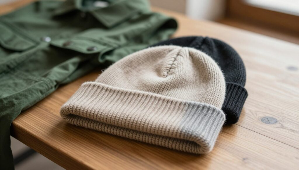 A stylish beanie in beige, gray, and black colors placed prominently on a wooden table. The foreground features the textures of the knitted fabric, emphasizing the soft and cozy appearance of the hat. In the middle ground, a blurred view of a green jacket draped casually nearby, hinting at color compatibility without overwhelming the focus on the hat. The background is softly out of focus with warm, natural lighting that creates a cozy atmosphere, evoking a sense of autumn fashion. The angle is slightly above the hat, capturing its shape and colors beautifully, creating a welcoming and trendy vibe perfect for illustrating universal hat colors that complement various shades of green.