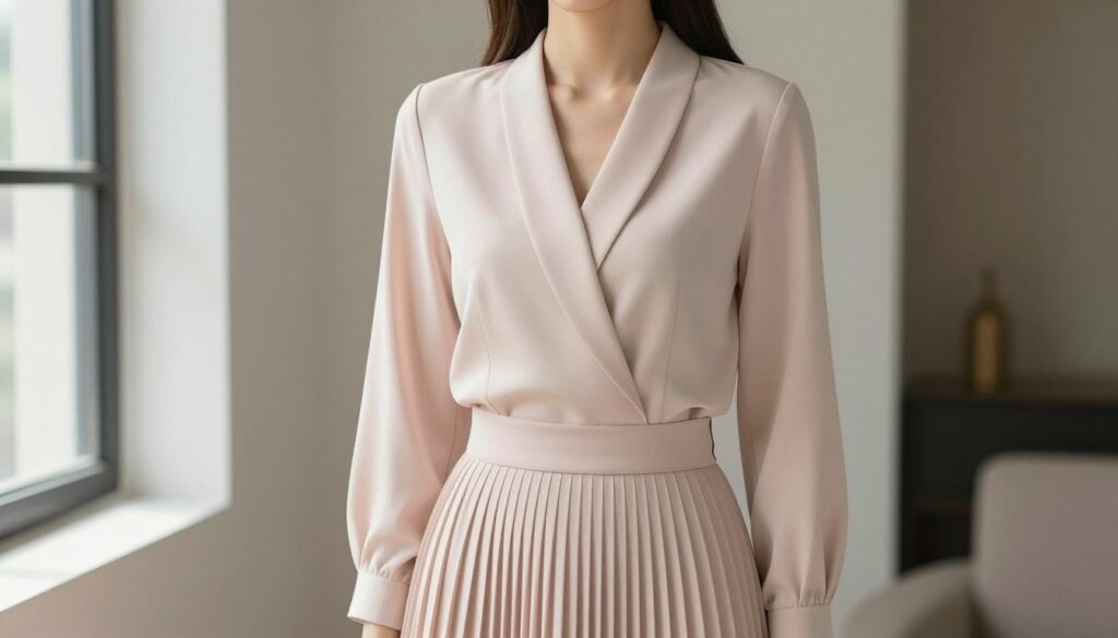 A stylish blouse designed to accentuate the waist and create a slim silhouette, paired gracefully with a pleated skirt. The blouse features a soft, elegant drape and is made of lightweight fabric in a pastel color palette, showcasing tailored lines and subtle detailing. The model is posing in a well-lit indoor setting, emphasizing the outfit's structure, with soft, diffused natural lighting spilling in from a nearby window. The background is softly blurred, featuring muted tones to keep the focus on the blouse and skirt. The overall mood is chic and sophisticated, perfect for a modern, fashionable look. The image captures the elegance of the ensemble in a professional context, showcasing a polished appearance.