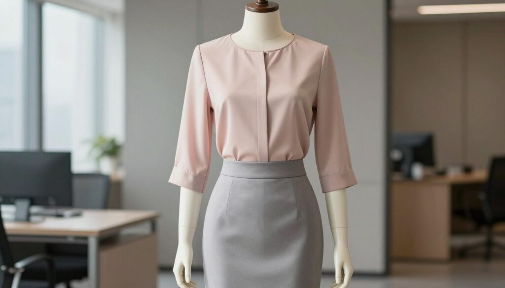A stylish blouse suited for an office environment, featuring a tailored silhouette with a modest neckline and elbow-length sleeves. The fabric is soft and elegant, with a subtle pattern in pastel colors. The blouse is paired with a classic pencil skirt that reaches just below the knee, creating a refined professional look. The scene showcases this outfit on a mannequin set against a softly blurred contemporary office background, with natural light streaming in through a window, illuminating the fabric's texture. The overall mood is sophisticated and polished, emphasizing the harmony between the blouse and pencil skirt. Avoid any distractions, ensuring focus remains on the clothing's design and fit.