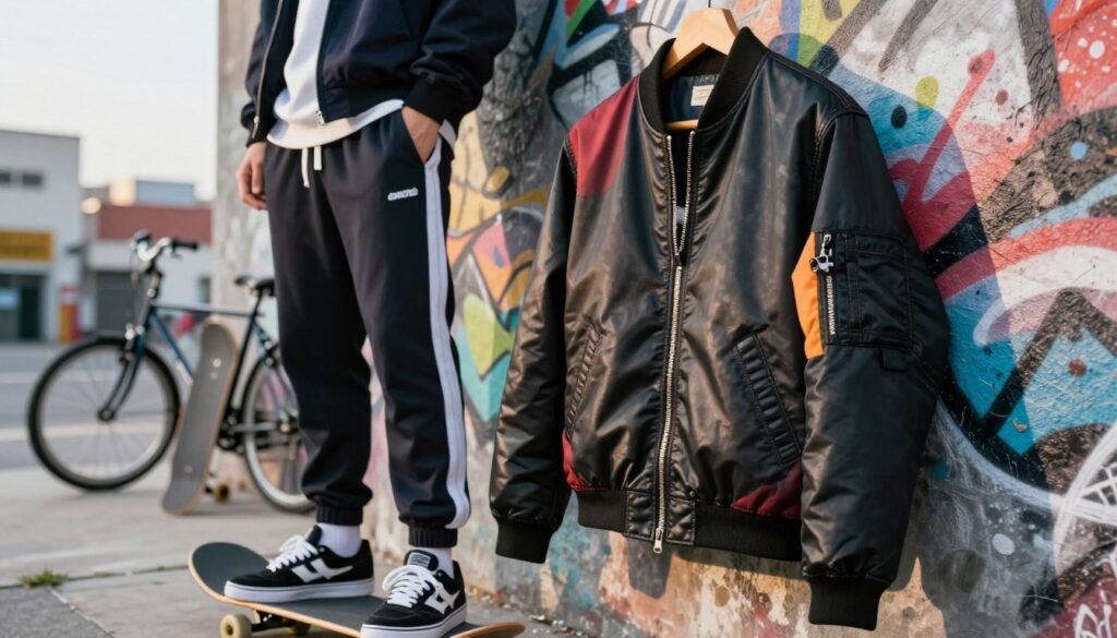 A stylish bomber jacket in a modern streetwear setting, showcasing various colors and textures such as black leather and vibrant fabrics. The jacket is displayed on a mannequin or hung against a graffiti wall, reflecting urban culture. In the foreground, focus on the bomber jacket with intricate stitching details, complemented by casual sporty attire like joggers and sneakers. The middle of the scene includes urban elements like skateboards or bicycles, enhancing the streetwear vibe. The background features an abstract cityscape with soft daylight illuminating the scene, creating a casual yet trendy atmosphere. The overall mood is relaxed and stylish, perfect for daily wear among fashion-forward individuals.