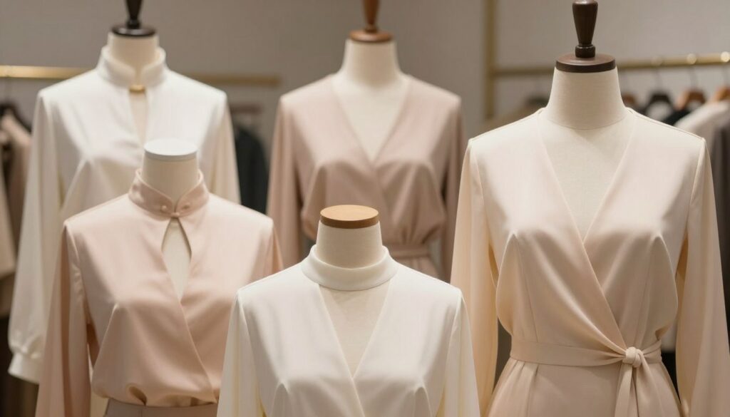 A stylish close-up of a variety of blouse designs featuring different necklines in a fashion-focused scene. The foreground shows elegant, modest blouses with unique neck cuts—some showcasing high collars, others with subtle V-necks, and backless designs—made from light, flowing fabrics. The middle ground features a sophisticated mannequin display, dressed in these blouses to emphasize their cut and style. The background is softly blurred to keep the focus on the blouses, incorporating warm, diffused lighting that adds an inviting atmosphere. The setting is a chic fashion studio with neutral tones, conveying a sense of contemporary elegance and showcasing safe, fashionable options for wearing blouses without a bra. The overall mood is professional, creative, and stylish.