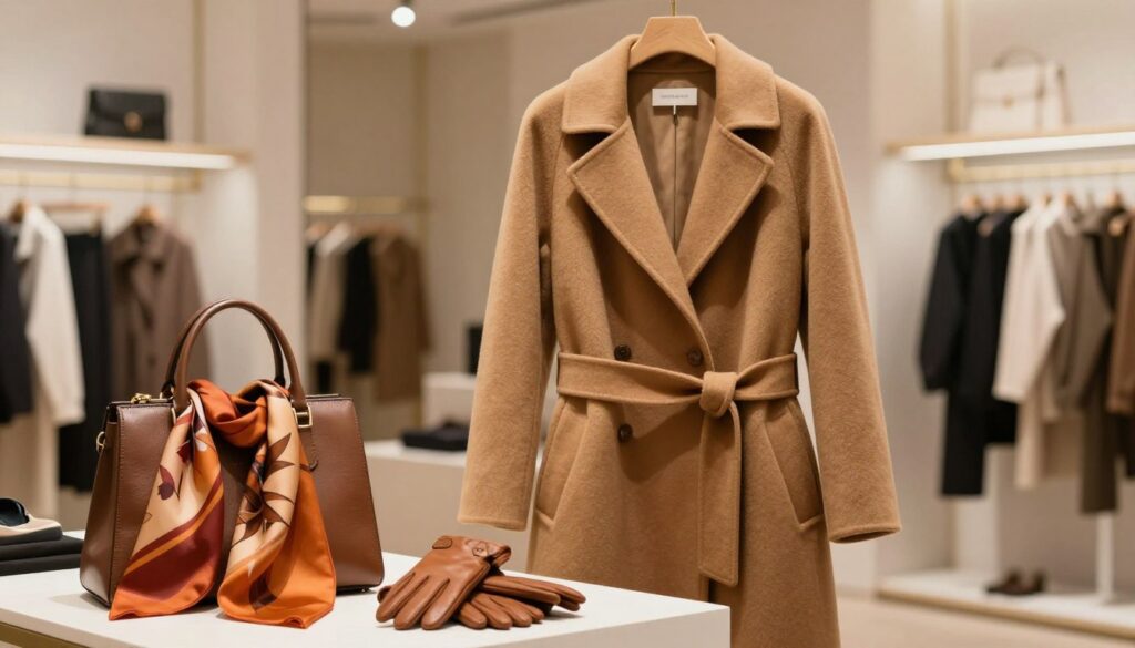A stylish coat displayed elegantly on a wooden hanger in a soft-lit, modern boutique setting. The foreground features a close-up of delicate accessories like a silk scarf in rich autumn colors, a chic leather handbag, and matching gloves, enhancing the coat's sophisticated look. In the middle, the coat stands out with tailored lines and an eye-catching belt, designed to accentuate the waist. The background displays a softly blurred array of fashion items and neutral-colored walls, creating a welcoming atmosphere. The lighting is warm and inviting, casting gentle shadows that add depth. This composition conveys a sense of fashion elegance and trendiness, perfect for highlighting the art of accessorizing a coat for various occasions. A stylish coat displayed elegantly on a wooden hanger in a soft-lit, modern boutique setting. The foreground features a close-up of delicate accessories like a silk scarf in rich autumn colors, a chic leather handbag, and matching gloves, enhancing the coat's sophisticated look. In the middle, the coat stands out with tailored lines and an eye-catching belt, designed to accentuate the waist. The background displays a softly blurred array of fashion items and neutral-colored walls, creating a welcoming atmosphere. The lighting is warm and inviting, casting gentle shadows that add depth. This composition conveys a sense of fashion elegance and trendiness, perfect for highlighting the art of accessorizing a coat for various occasions.