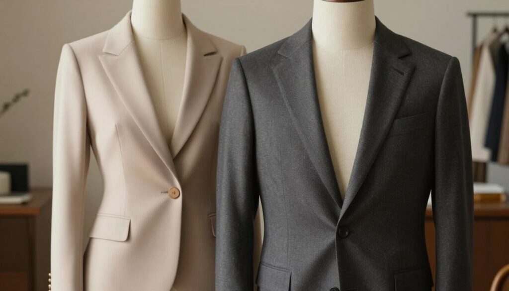 A stylish comparison between a men's blazer and a women's jacket, set against a minimalist, elegant background. In the foreground, a sharply tailored men's blazer featuring structured shoulders and classic lapels, showcasing tailored craftsmanship. Beside it, a chic women's jacket with a fitted silhouette and soft curves, adorned with delicate detailing. The lighting is soft and diffused, creating a warm, sophisticated atmosphere. The image is captured from a slightly elevated angle to emphasize the textures and craftsmanship of both garments. In the background, hints of a fashionably designed workspace subtly enhance the context, with muted colors that allow the blazers to stand out. A stylish comparison between a men's blazer and a women's jacket, set against a minimalist, elegant background. In the foreground, a sharply tailored men's blazer featuring structured shoulders and classic lapels, showcasing tailored craftsmanship. Beside it, a chic women's jacket with a fitted silhouette and soft curves, adorned with delicate detailing. The lighting is soft and diffused, creating a warm, sophisticated atmosphere. The image is captured from a slightly elevated angle to emphasize the textures and craftsmanship of both garments. In the background, hints of a fashionably designed workspace subtly enhance the context, with muted colors that allow the blazers to stand out.