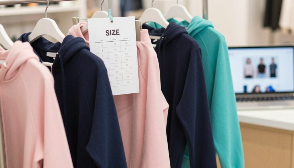 A stylish composition showcasing a variety of thin women's cotton tracksuits displayed on elegant hangers in a well-lit boutique setting. In the foreground, several vibrant tracksuit colors like pastel pink, deep navy, and bright teal are visible, emphasizing their softness and texture. The middle ground features a neatly arranged size chart with clear indications for small, medium, and large, subtly integrated next to the tracksuits. The background displays a blurred view of a chic online shopping interface on a laptop, hinting at the modern shopping experience. Soft natural lighting warmly illuminates the scene, creating an inviting atmosphere. The angle captures the outfits in slightly tilted perspective, enhancing their appeal and allure while maintaining a professional, clean aesthetic. A stylish composition showcasing a variety of thin women's cotton tracksuits displayed on elegant hangers in a well-lit boutique setting. In the foreground, several vibrant tracksuit colors like pastel pink, deep navy, and bright teal are visible, emphasizing their softness and texture. The middle ground features a neatly arranged size chart with clear indications for small, medium, and large, subtly integrated next to the tracksuits. The background displays a blurred view of a chic online shopping interface on a laptop, hinting at the modern shopping experience. Soft natural lighting warmly illuminates the scene, creating an inviting atmosphere. The angle captures the outfits in slightly tilted perspective, enhancing their appeal and allure while maintaining a professional, clean aesthetic.