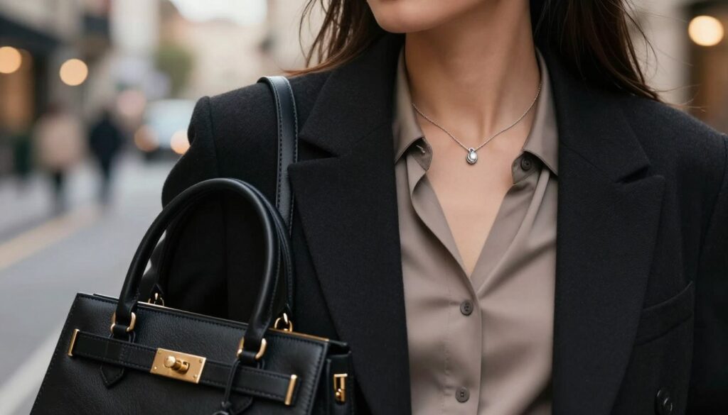A stylish composition showcasing elegant accessories suitable for a black women's blazer. In the foreground, a close-up of a chic black handbag with gold accents, paired with a delicate silver necklace and matching earrings. The middle ground features a sophisticated blouse with a collar, subtly hinting at a modern business attire look. In the background, a softly blurred urban street scene with warm, ambient lighting, suggesting a late afternoon vibe. The atmosphere is refined yet approachable, perfect for both daily wear and evening outings. The overall color palette is a mix of blacks, metallics, and muted earth tones, enhancing the elegance of the accessories without overwhelming the viewer. A stylish composition showcasing elegant accessories suitable for a black women's blazer. In the foreground, a close-up of a chic black handbag with gold accents, paired with a delicate silver necklace and matching earrings. The middle ground features a sophisticated blouse with a collar, subtly hinting at a modern business attire look. In the background, a softly blurred urban street scene with warm, ambient lighting, suggesting a late afternoon vibe. The atmosphere is refined yet approachable, perfect for both daily wear and evening outings. The overall color palette is a mix of blacks, metallics, and muted earth tones, enhancing the elegance of the accessories without overwhelming the viewer.