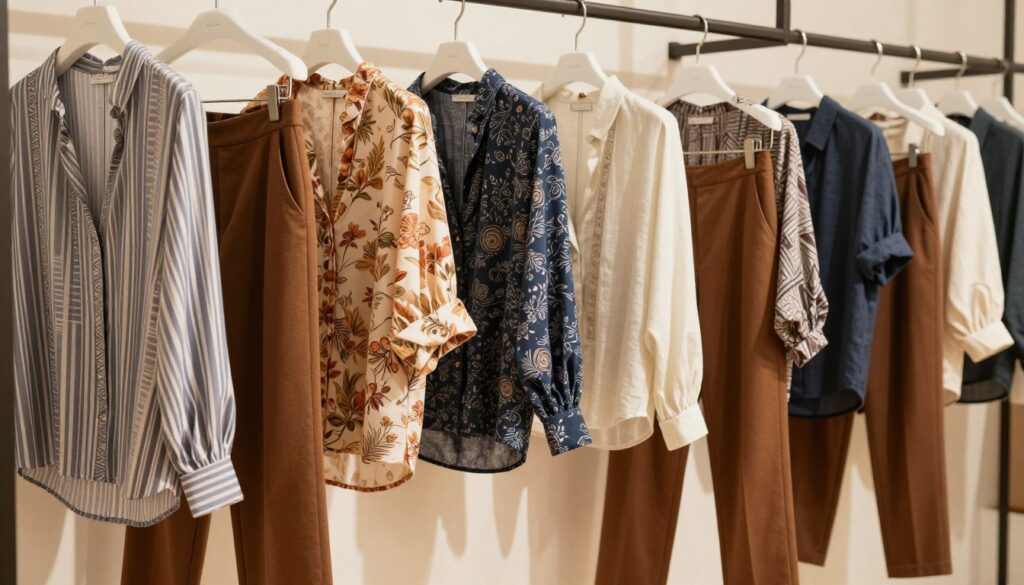 A stylish display of blouse patterns suitable for pairing with brown pants, showcasing a diverse range of designs and materials. In the foreground, feature a variety of blouses hanging elegantly on sleek, minimalist hangers. Highlight patterns such as floral, striped, and geometric, made from fabrics like silk, cotton, and linen, with colors that accentuate warm tones and cool tones alike. In the middle, include a subtle gradient backdrop that enhances the clothing illustrations, suggesting a fashionable boutique ambiance. Soft, diffused lighting creates a warm and inviting atmosphere, illuminating the textures of the fabrics. The overall mood is chic and sophisticated, perfect for an article about stylish outfit pairings. The camera angle should capture the blouses at eye-level, emphasizing their patterns and styles while maintaining a clean and organized composition.