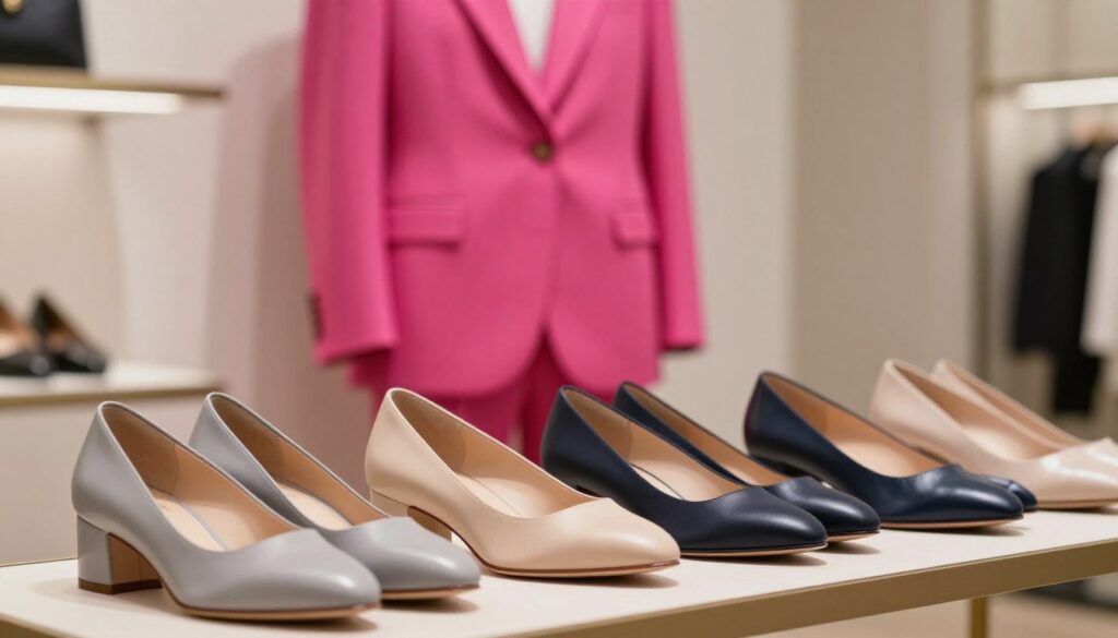 A stylish display of footwear designed to complement a vibrant fuchsia suit. The foreground features a variety of elegant shoes in calming hues such as soft grey, classic beige, and rich navy, each positioned on a sleek, polished surface. The middle ground showcases a tailored fuchsia suit, hanging on a minimalist rack with a soft focus, emphasizing the suit's color. In the background, a muted, softly lit fashion studio environment with neutral-toned walls and gentle lighting creates a warm and inviting atmosphere. The composition exudes sophistication and style, perfect for showcasing complementary footwear choices. The lighting is bright yet soft, evoking a sense of clarity and elegance, as if inviting the viewer to explore fashion possibilities with confidence.