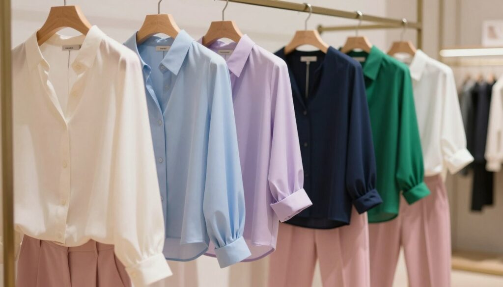 A stylish display of various blouse colors suitable for pairing with pink trousers, featuring a well-lit fashion setup. In the foreground, a vibrant array of blouses in neutral tones like beige and white, soft pastels like light blue and lavender, and striking contrasting colors such as deep navy and emerald green. The middle ground showcases elegant clothing hangers displaying these blouses, enhancing the focus on color coordination. The background features a softly blurred boutique environment, with subtle lighting highlighting the textures and fabric details of the blouses. The atmosphere is modern and chic, evoking a sense of fashion-forward thinking and elegance. The composition captures the essence of contemporary fashion advice without any text or distractions.