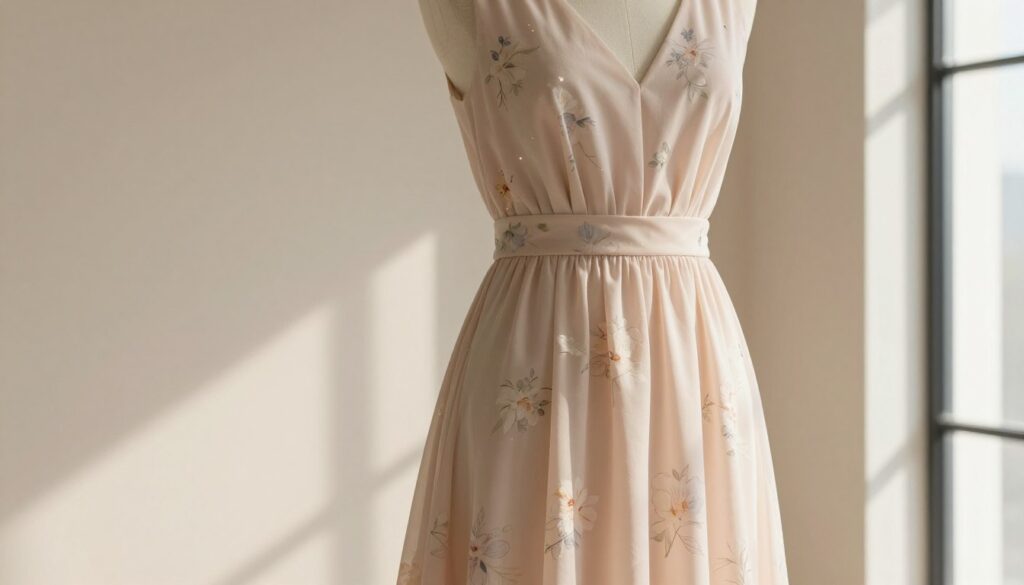 A stylish, elegant dress tailored to accentuate the waistline, featuring a newly refined silhouette without gathers or elastic at the waist. The dress is in soft pastel tones, adorned with delicate floral patterns, positioned to showcase its flowing fabric. In the foreground, a close-up view highlights the seamless transition from the bodice to the waist, emphasizing the refined shape. In the middle, a mannequin stands poised against a soft, neutral backdrop, with light streaming in from a large window, creating a warm atmosphere that casts subtle shadows. The overall mood is fresh and sophisticated, capturing the essence of modern elegance in fashion design. A stylish, elegant dress tailored to accentuate the waistline, featuring a newly refined silhouette without gathers or elastic at the waist. The dress is in soft pastel tones, adorned with delicate floral patterns, positioned to showcase its flowing fabric. In the foreground, a close-up view highlights the seamless transition from the bodice to the waist, emphasizing the refined shape. In the middle, a mannequin stands poised against a soft, neutral backdrop, with light streaming in from a large window, creating a warm atmosphere that casts subtle shadows. The overall mood is fresh and sophisticated, capturing the essence of modern elegance in fashion design.