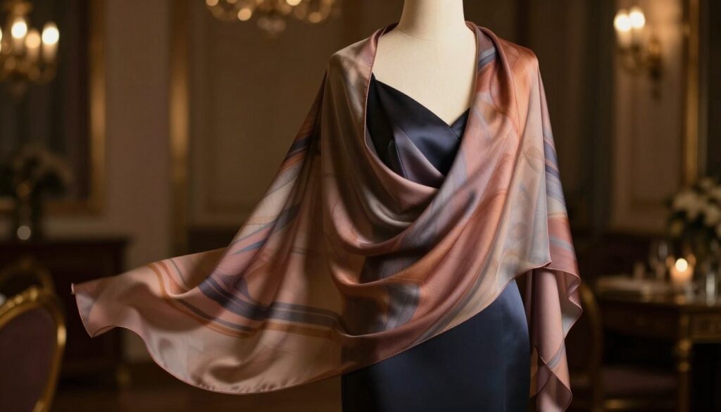 A stylish evening dress draped elegantly on a mannequin, showcasing the perfect way to wear a shawl. The shawl is intricately designed with soft, flowing fabric that cascades gracefully from the mannequin’s shoulders, highlighting its luxurious texture and rich colors. The background features a softly blurred opulent setting with dim, warm lighting reminiscent of an intimate evening event. The focus is on the shawl and dress ensemble, accompanied by gentle shadows that enhance the mood of sophistication and elegance. The angle captures a three-quarter view to emphasize the shawl’s draping style, while the atmosphere conveys a sense of refinement and class. A stylish evening dress draped elegantly on a mannequin, showcasing the perfect way to wear a shawl. The shawl is intricately designed with soft, flowing fabric that cascades gracefully from the mannequin’s shoulders, highlighting its luxurious texture and rich colors. The background features a softly blurred opulent setting with dim, warm lighting reminiscent of an intimate evening event. The focus is on the shawl and dress ensemble, accompanied by gentle shadows that enhance the mood of sophistication and elegance. The angle captures a three-quarter view to emphasize the shawl’s draping style, while the atmosphere conveys a sense of refinement and class.