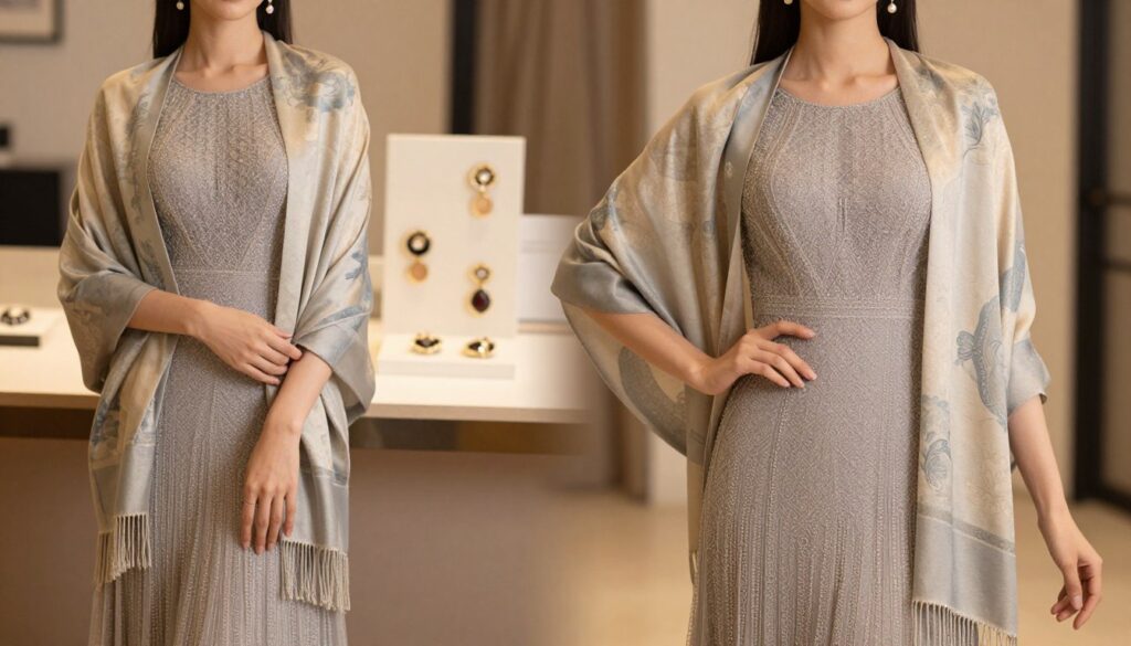 A stylish evening dress elegantly paired with a beautifully draped shawl, showcasing various ways to wear it. The foreground features a model in a graceful pose, donning a chic evening gown with subtle embellishments, while the shawl gracefully cascades over her shoulders, highlighting its soft fabric and intricate patterns. The model exudes confidence, emphasizing how the shawl complements the dress without slipping. In the middle, a softly blurred table with accessories like stylish brooches and earrings accentuates the theme of elegance. The background is a softly lit, refined interior, creating a warm atmosphere. The scene is illuminated with gentle, diffused lighting to enhance texture and depth, using a slightly overhead angle to provide a flattering view of the outfit dynamics. A stylish evening dress elegantly paired with a beautifully draped shawl, showcasing various ways to wear it. The foreground features a model in a graceful pose, donning a chic evening gown with subtle embellishments, while the shawl gracefully cascades over her shoulders, highlighting its soft fabric and intricate patterns. The model exudes confidence, emphasizing how the shawl complements the dress without slipping. In the middle, a softly blurred table with accessories like stylish brooches and earrings accentuates the theme of elegance. The background is a softly lit, refined interior, creating a warm atmosphere. The scene is illuminated with gentle, diffused lighting to enhance texture and depth, using a slightly overhead angle to provide a flattering view of the outfit dynamics.