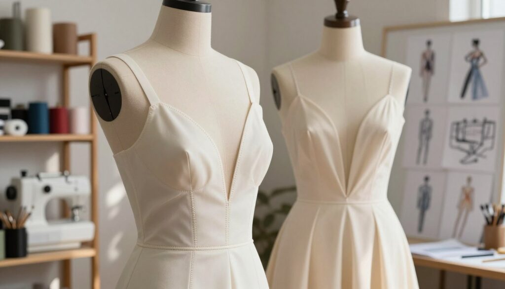 A stylish fashion design of a backless dress featuring innovative alterations to a typical bra, showcasing creative solutions for deep neckline support. The foreground presents a close-up of the dress's intricate sewing and support mechanisms, emphasizing elegant stitching and fabric texture. In the middle ground, a mannequin is displayed in a softly lit studio, adorned with the transformed dress that gracefully flows without visible straps. The background includes blurred shelves of sewing materials and fashion sketches, evoking a creative atmosphere. Soft natural light filters through a window, casting gentle shadows, enhancing the visuals of the garment's unique details. The overall mood is sophisticated and inspirational, inviting viewers to explore innovative fashion design ideas.