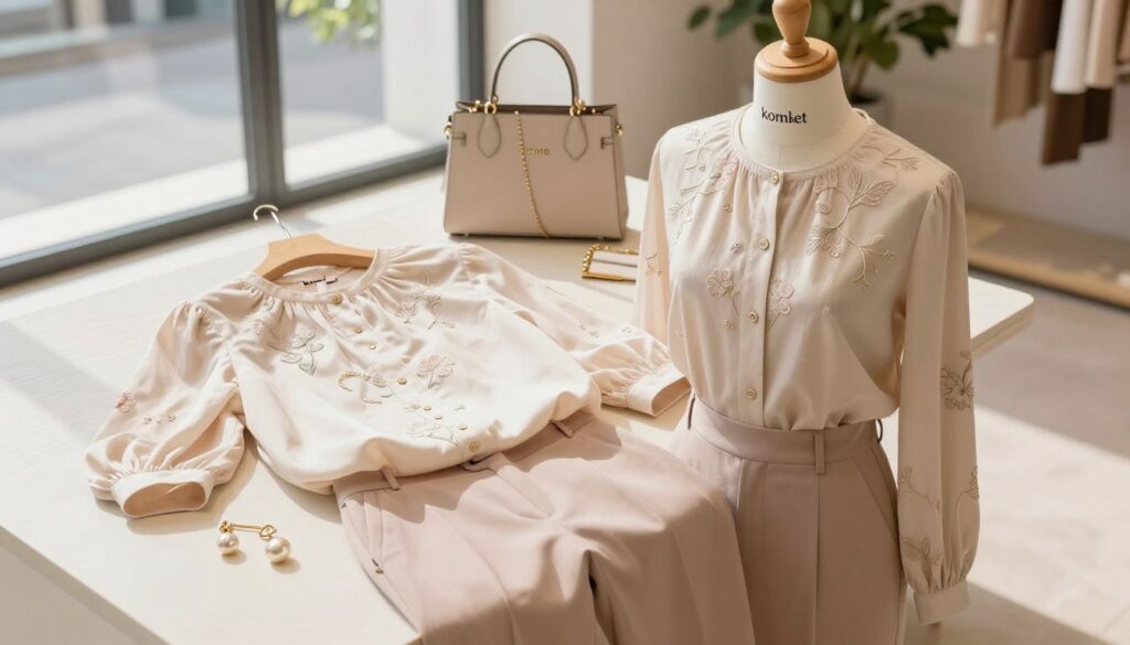A stylish fashion ensemble featuring a "komplet" set by La Monne, displayed on a simple wooden mannequin in an elegant boutique setting. The foreground showcases the complete outfit, including a chic blouse and tailored trousers in soft pastel shades, adorned with delicate floral embroidery. The middle ground features a tasteful selection of accessories like a minimalistic handbag and complementary jewelry, enhancing the overall look. In the background, soft natural light floods the space through large windows, casting gentle shadows and creating a serene atmosphere. A hint of greenery from potted plants adds freshness to the scene. Capture this setup from a slightly elevated angle, emphasizing the texture and details of the fabric, with a warm and inviting mood, perfect for fashion inspiration.