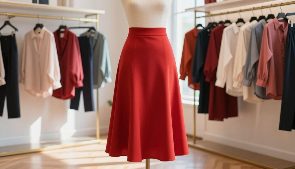 A stylish fashion scene showcasing a vibrant red skirt as the central focus, draped elegantly on a mannequin in a softly lit boutique. The background features a well-organized display of shirts in various colors – from soft pastels to bold hues – illustrating suitable blouse options. Natural light streams through large windows, casting gentle shadows that add depth. The atmosphere is chic and inviting, emphasizing the importance of color harmony and silhouette balance for various body types. A polished wooden floor complements the sophisticated setting. Capture the essence of fashion coordination, with an emphasis on the elegant shape and texture of the red skirt, while maintaining a professional and tasteful presentation. A stylish fashion scene showcasing a vibrant red skirt as the central focus, draped elegantly on a mannequin in a softly lit boutique. The background features a well-organized display of shirts in various colors – from soft pastels to bold hues – illustrating suitable blouse options. Natural light streams through large windows, casting gentle shadows that add depth. The atmosphere is chic and inviting, emphasizing the importance of color harmony and silhouette balance for various body types. A polished wooden floor complements the sophisticated setting. Capture the essence of fashion coordination, with an emphasis on the elegant shape and texture of the red skirt, while maintaining a professional and tasteful presentation.