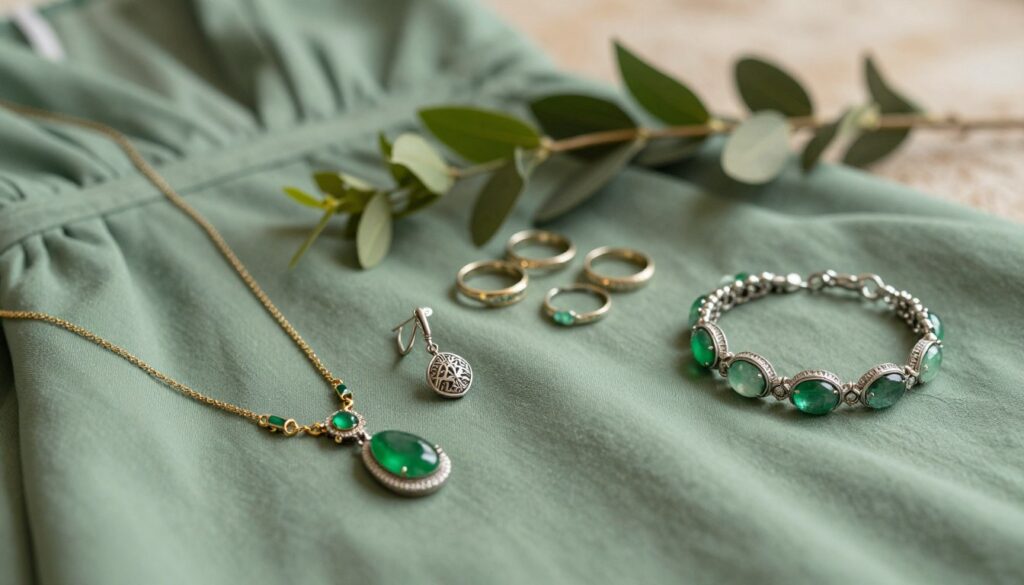 A stylish flat lay arrangement featuring a variety of elegant jewelry pieces laid on a soft, textured fabric backdrop in shades of green to complement a green dress. In the foreground, showcase a delicate gold necklace with emerald accents, intricate silver earrings, and a classy bracelet, all harmonizing with various shades of green stones. In the middle, include a small collection of elegant rings with subtle designs, surrounded by some fresh green foliage for a natural touch. The background should be softly blurred to emphasize the jewelry, capturing warm, inviting lighting that enhances the colors without overpowering the delicate details. The overall mood should exude sophistication and elegance, perfect for a wedding attire inspiration theme.