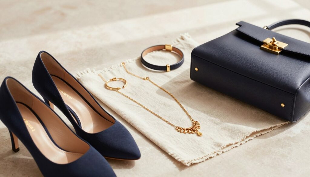 A stylish flat lay arrangement featuring elegant accessories that transform any outfit. In the foreground, showcase a pair of chic navy blue heels, a sophisticated navy handbag with gold accents, and delicate gold jewelry—hoop earrings and a statement necklace glistening under soft, warm lighting. In the middle, include a textured fabric swatch in a complementary shade, like soft ivory, and a sleek leather bracelet. The background should have a subtle, blurred texture of a pastel or neutral color, providing an understated elegance without distraction. The scene should exude a warm, inviting atmosphere, with natural light streaming in to highlight the textures and colors, creating a harmonious and polished look perfect for an outfit enhancement.