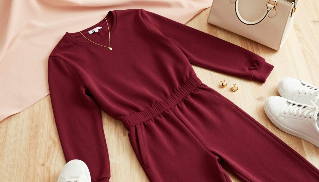 A stylish flat lay composition featuring a burgundy women's tracksuit as the focal point, elegantly draped on a light wooden surface. Surrounding the tracksuit are complementary accessories that enhance its appeal: a delicate gold necklace, a matching pair of earrings, a luxurious cream handbag, and fashionable white sneakers. In the background, soft pastel-hued fabrics gently blend, creating a warm and inviting atmosphere. The scene is softly lit to emphasize the textures and colors, with natural light creating gentle shadows. Capture this image from a slight overhead angle to showcase the arrangement, giving a chic, modern vibe that highlights how these accessories elevate the burgundy tracksuit. Ensure the overall mood is sophisticated yet accessible, appealing to a fashion-conscious audience.