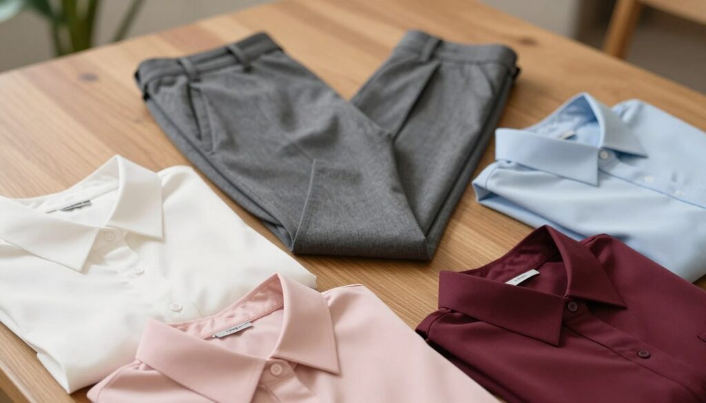 A stylish flat lay composition showcasing collared blouses in various colors suitable for pairing with gray trousers. In the foreground, neatly arranged blouses in shades like soft white, pastel pink, light blue, and rich burgundy, each with distinct textures like silk and cotton. In the middle, a pair of classic gray trousers elegantly draped, providing a base for the blouses. In the background, a softly blurred wooden table and subtle greenery peeking in to create a fresh atmosphere. The lighting is warm and inviting, simulating natural daylight, which enhances the colors and textures of the fabrics, evoking a mood of sophistication and effortless style. The image is framed from a slight top-down angle to highlight the colors and arrangement harmoniously.