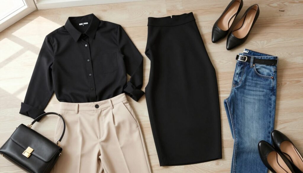A stylish flat lay composition showcasing various outfits featuring a black shirt for different occasions, arranged on a light wooden surface. The foreground displays a classic black shirt paired with tailored beige trousers, a chic black pencil skirt, and casual denim jeans, each outfit accentuated with matching accessories like a sleek belt, elegant handbag, and stylish shoes. In the background, soft natural light from a nearby window casts gentle shadows, enhancing the fabrics' textures. The overall mood is sophisticated yet approachable, perfect for transitioning from office to evening wear. The scene is meticulously organized, encouraging viewers to appreciate the versatility of the black shirt in modern fashion.