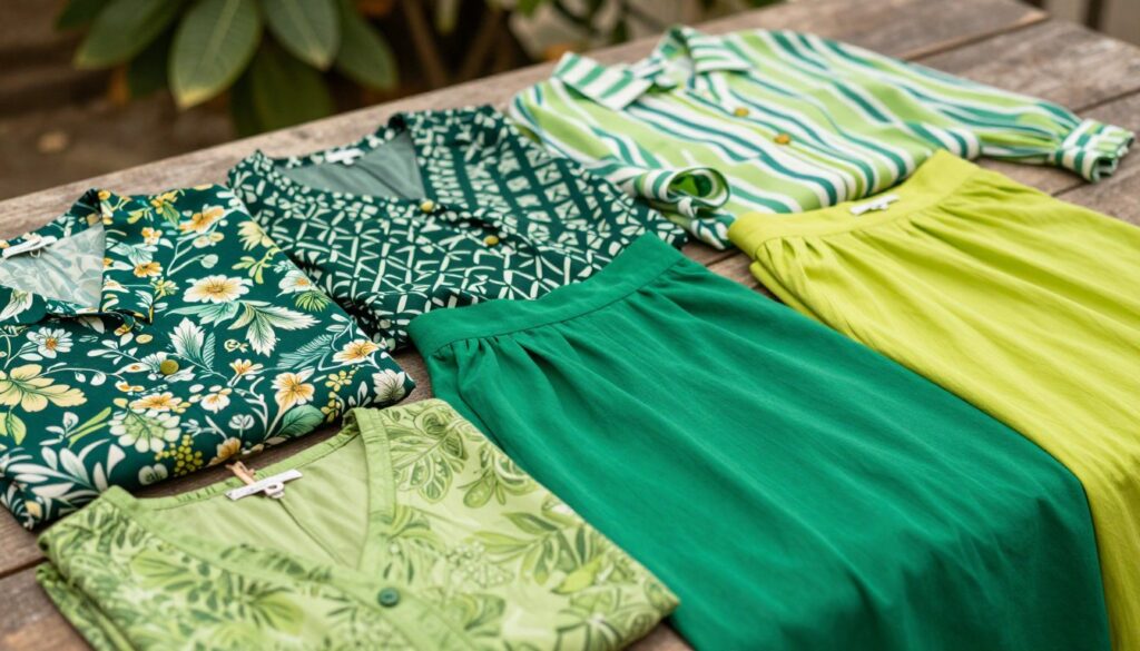 A stylish flat lay featuring a vibrant pairing of a green skirt and a selection of patterned blouses designed to complement it. In the foreground, display several blouses with various prints, such as florals, geometric patterns, and stripes, in colors that harmonize with shades of green—from deep emerald to bright lime. Arrange the blouses slightly wrinkled for a relaxed, casual vibe. In the background, softly blurred natural elements like leaves or a garden can create a fresh atmosphere. Use warm, diffused lighting to enhance the colors and textures, while a shallow depth of field maintains focus on the clothing. The overall mood should be lively, fashionable, and appealing to a contemporary audience.