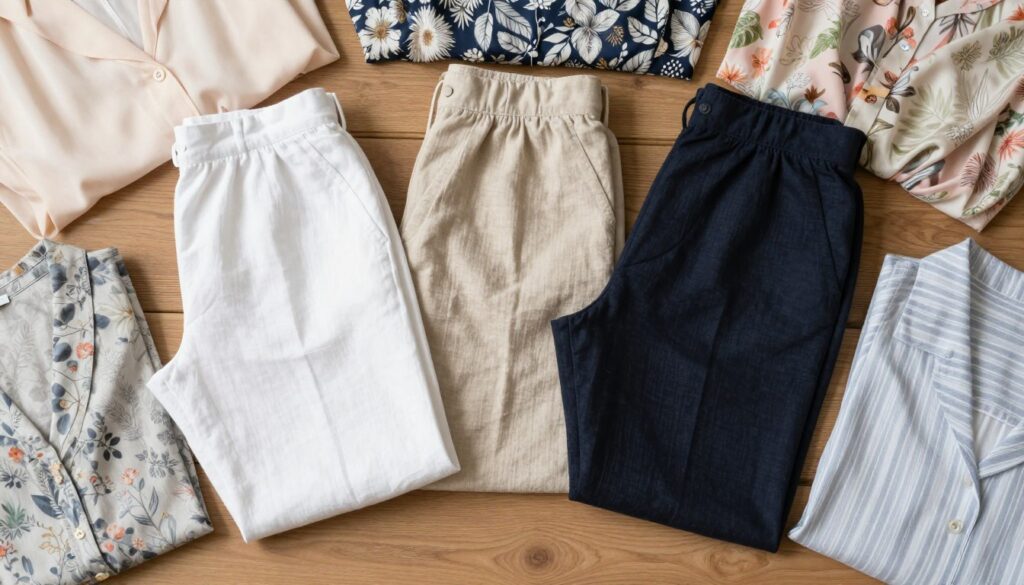 A stylish flat lay of linen trousers in three distinct colors: white, beige, and dark navy. Each pair is carefully folded, showcasing their texture and lightness. Surrounding the trousers are several blouse options, emphasizing a variety of fabrics like cotton and lightweight silk, in coordinating hues and patterns that suggest spring and summer outfits—pastels, floral prints, and subtle stripes. The scene is set on a wooden surface, softly illuminated by natural light to create a warm and inviting atmosphere. The composition is artistically arranged, with a mix of textures that highlight the elegance of the outfits, capturing a sense of effortless style and cohesion.