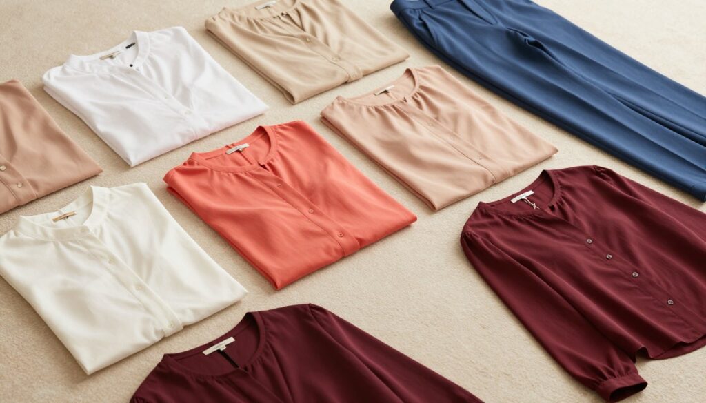 A stylish flat lay of various blouses in complementary colors, arranged artistically on a soft, textured background. The blouses should include shades like crisp white, soft beige, vibrant coral, and rich burgundy, showcasing diverse styles including casual, professional, and elegant. In the background, a pair of well-fitted blue trousers should be slightly visible, hinting at the article's focus on color coordination. The lighting should be warm and inviting, creating soft shadows that add depth, while the angle captures the entire scene from a slightly elevated perspective. The mood is fashionable and sophisticated, ideal for readers looking to elevate their wardrobe choices. A stylish flat lay of various blouses in complementary colors, arranged artistically on a soft, textured background. The blouses should include shades like crisp white, soft beige, vibrant coral, and rich burgundy, showcasing diverse styles including casual, professional, and elegant. In the background, a pair of well-fitted blue trousers should be slightly visible, hinting at the article's focus on color coordination. The lighting should be warm and inviting, creating soft shadows that add depth, while the angle captures the entire scene from a slightly elevated perspective. The mood is fashionable and sophisticated, ideal for readers looking to elevate their wardrobe choices.