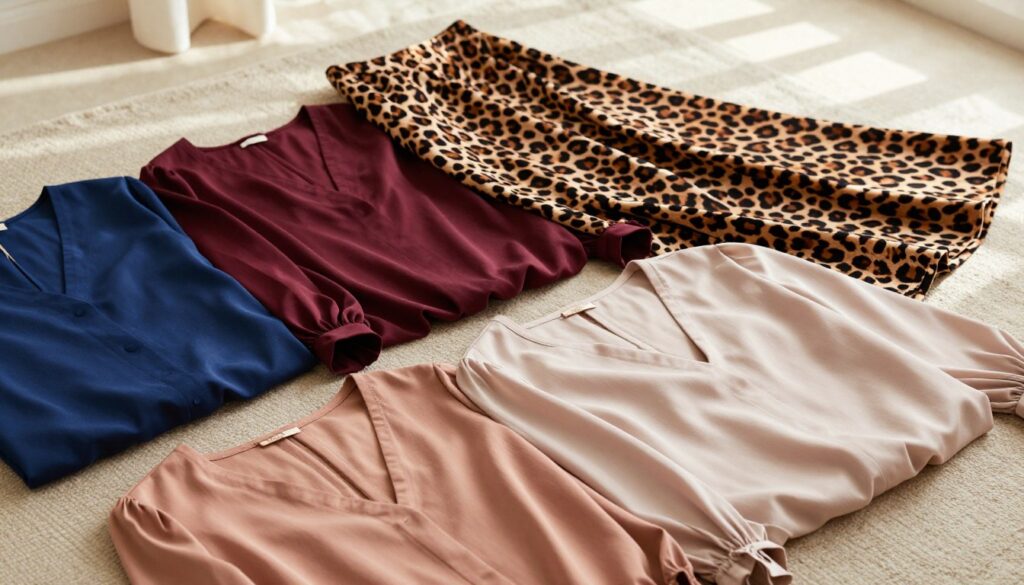 A stylish flat lay showcasing an array of blouse options suitable for pairing with a leopard print skirt. The foreground features several blouses in vibrant color palettes, including deep blues, rich burgundies, and soft pastels, crafted from flowy fabrics. The middle ground highlights a chic leopard print skirt draped elegantly over a textured fabric surface, accentuating the contrast of colors. The background is softly blurred, with gentle natural lighting filtering through, creating a warm and inviting atmosphere. Light reflections add a subtle sheen to the fabrics, enhancing their appeal. The overall mood is trendy yet sophisticated, perfect for a fashion-focused article.