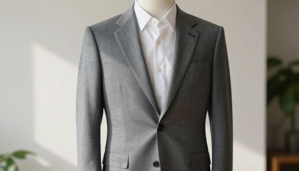 A stylish gray suit displayed elegantly on a mannequin, set against a soft-lit, minimalist backdrop. The suit features a range of gray shades—from delicate dove gray to deep graphite and rich anthracite—showcasing the versatile beauty of these colors. Soft natural light casts gentle shadows, highlighting the textures of the fabric and the tailored fit. In the background, subtle hints of blurred greenery suggest a serene outdoor setting, enhancing the overall sophistication. The mood is polished and refined, perfect for a professional environment. This image should evoke a sense of elegance and modernity, appealing to those seeking inspiration for sophisticated fashion choices.