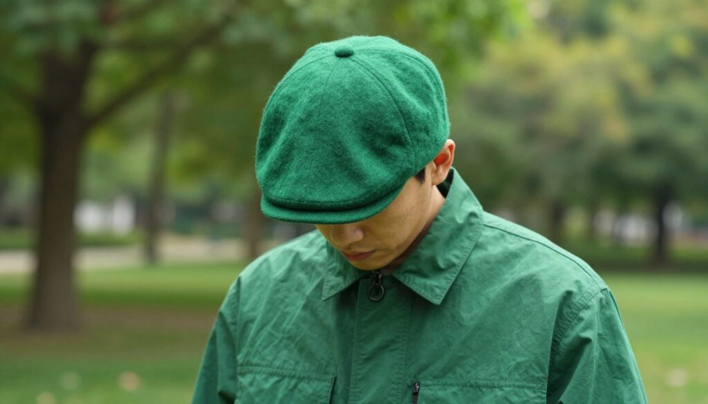 A stylish green cap paired with a matching green jacket, prominently displayed against a softly blurred park background, showcasing rich foliage. The cap is made of textured wool, with a modern, structured design, while the jacket is a trendy, windproof style featuring pockets and a zipper. In the foreground, focus on the vibrant colors, highlighting the slight variations in shades of green that create a monochromatic look. The scene is illuminated by soft, natural sunlight filtering through the leaves, enhancing the refreshing atmosphere. Capture this from a slight angle, allowing depth and dimension, evoking a sense of harmony and style in nature. The overall mood is relaxed yet fashionable, inviting the viewer to explore the connection between the two pieces.